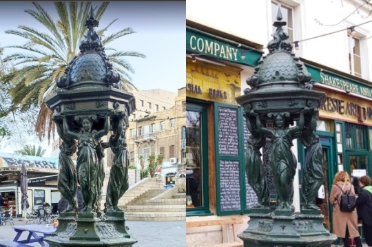 פסל בחזית חנות ספרים בפריז ופסל דומה בכיכר פריז בחיפה